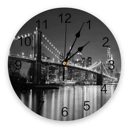 Brooklyn Bridge City Night Wall Clocks Silent Home Cafe Office Wall Decor Clocks for Kitchen Wall Art Large Wall Clocks 25cm