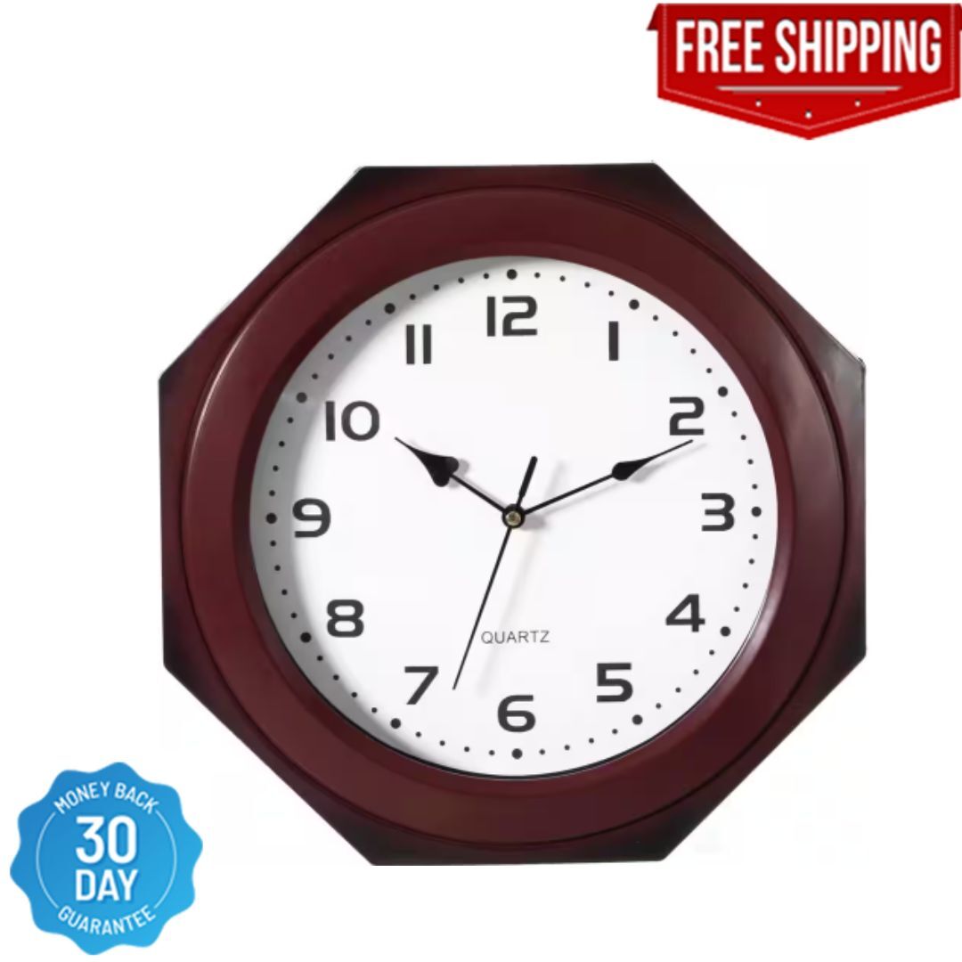 Brown Modern Decorative Octagon Shaped Wood Looking Plastic Wall Clock