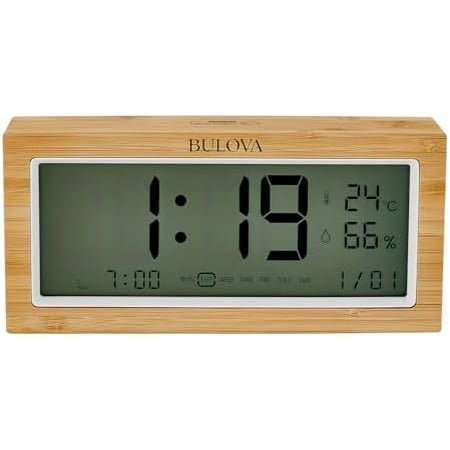 Bulova Brookside LCD Alarm Clock B1375 | Natural Bamboo Case with Temperature & Humidity Display | Quartz Movement | Battery Operated | Touch Light & Weekender Alarm