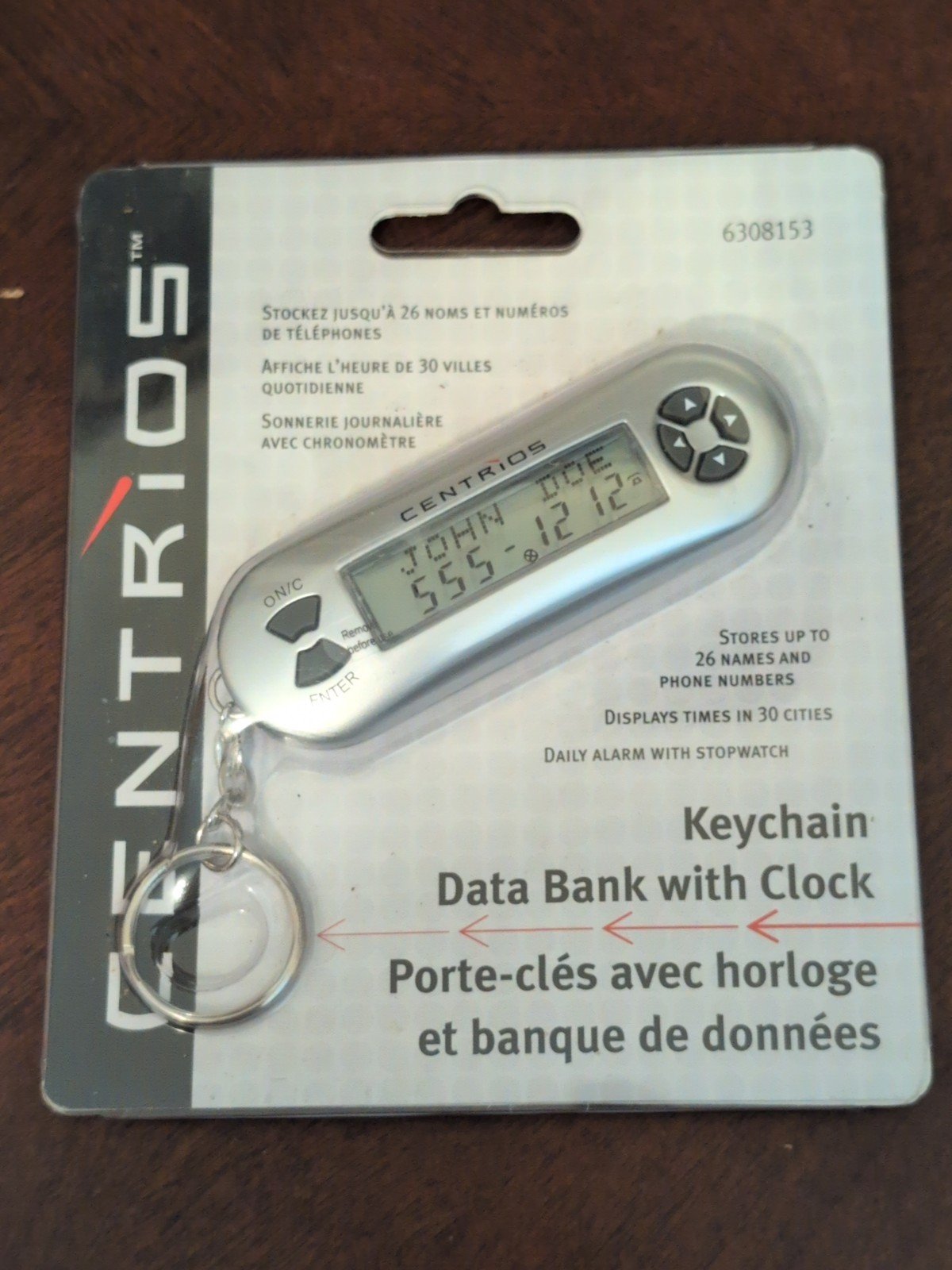 Centrios Keychain Data Bank W/Clock Stores 26 Names/Numbers Alarm & Stopwatch