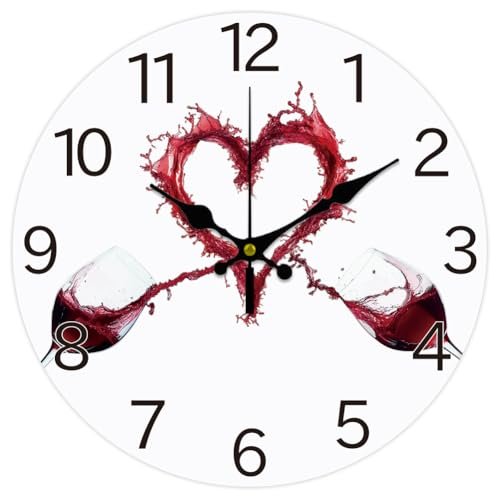 CHGCRAFT 12inch Red Wine Glass Wall Clock Battery Operated Silent Non Ticking Round Decorative Clock for Office Home Living Room Bedroom Bathroom Kitchen Decor