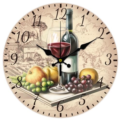 CHGCRAFT 12inch Retro Wine Wall Clock Battery Operated Silent Non Ticking Round Decorative Clock for Office Home Living Room Bedroom Bathroom Kitchen Decor, Red Wine