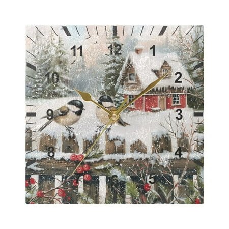 Chickadees Bird and House Wall Clock Battery Operated Silent Non-Ticking Bedroom Office Kitchen Home School Decor 7.8(Gold)