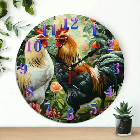 chickens rooster garden Wall Clock Wall hanging decor, Silent Mechanical Movement Great for Living Room, Kitchen, Dorm Decoration and Daily Practical Gift