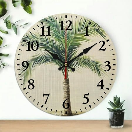 Chilfamy 10 Inch Round Wooden Wall Clock with Palm Tree Print, Silent Mechanical Movement - Ideal for Home Decor in Living Rooms, Kitchens, Dorms - Perfect Everyday Gift 10x10in
