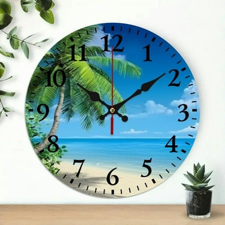 Chilfamy Wooden Wall Clock Palm Tree Print Battery Operated 10 Inch 10x10in