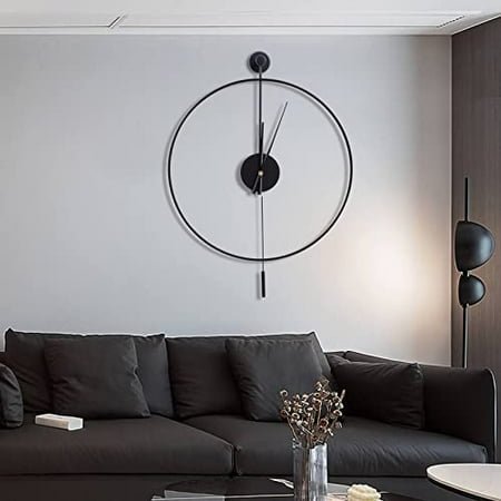 Classical Large Decorative Wall Clock with Pendulum, Modern Round Non-Ticking Silent Metal Wall Clock for Living Room, Bedroom, Study, Office, 23.6 (Black)