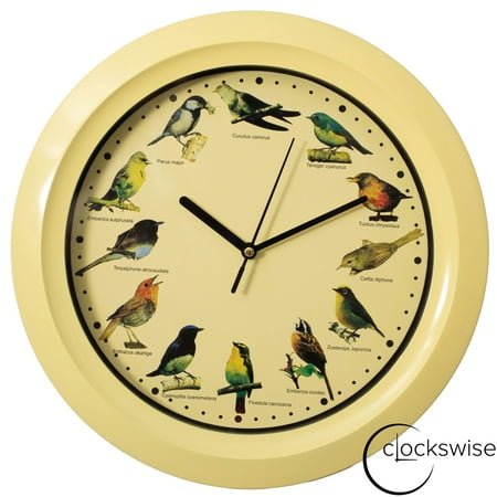 Clockswise 12 Round Decorative Singing Bird Wall Clock Battery-Operated with Wild Nature Sounds Hourly Chime and Non-Ticking for Home Office Kitchen Dining Bedroom Classroom and Living Spaces, Yellow