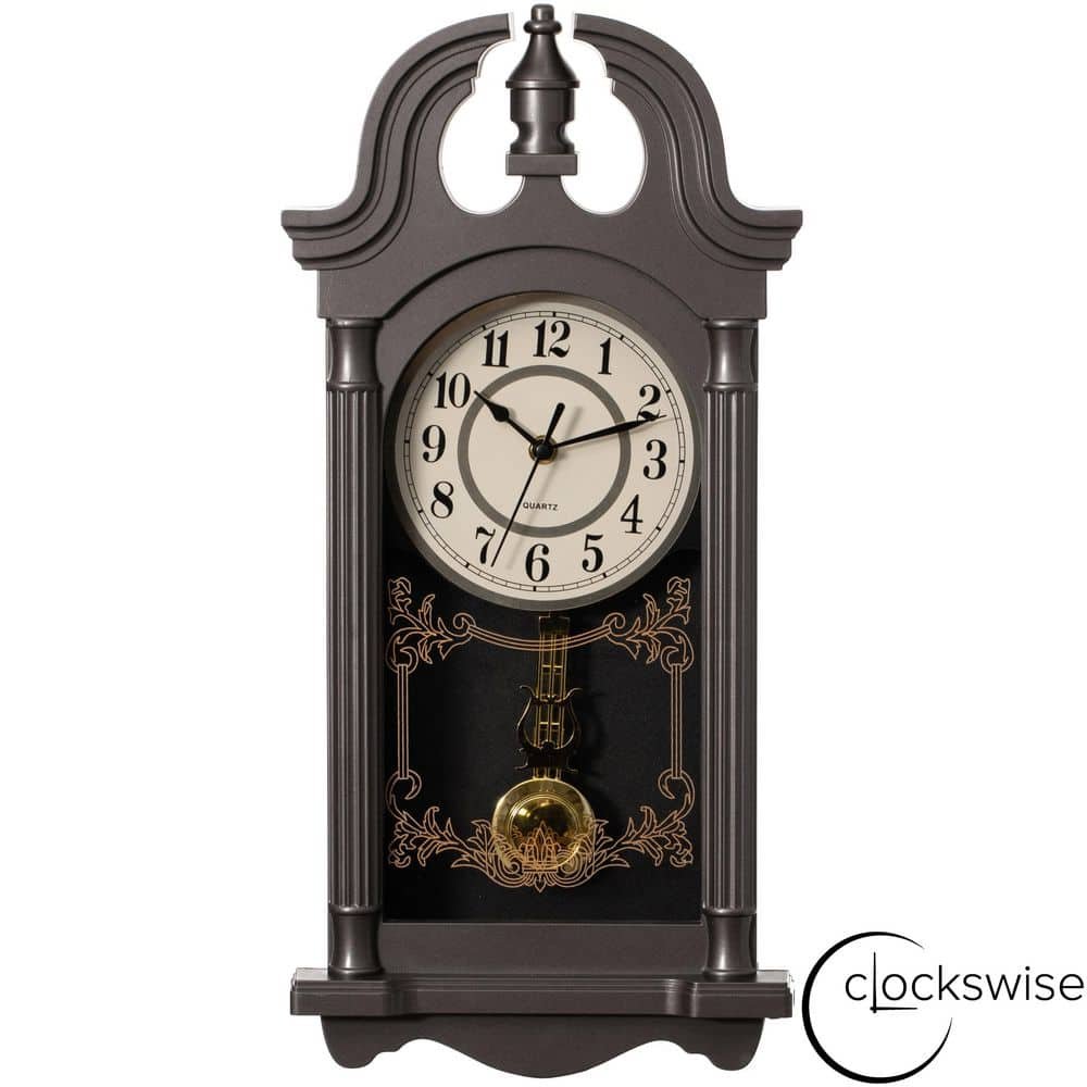Clockswise 20 in. Vintage-Inspired Plastic Grandfather Wall Clock Realistic Wood-Grain Finish-Charcoal