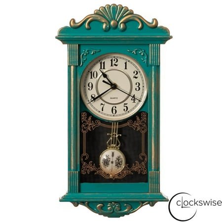 Clockswise Vintage Grandfather-Style Wall Clock with Wood-Effect Plastic Pendulum, Battery-Operated - for Home Decor, Living Room, Home Office, Kitchen or Dining Room – Green with Distressed Finish