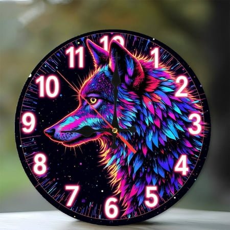 Colorful Wolf Wall Clock with Neon Design 10-Inch Silent Wooden Wall Clock, Battery Operated (AA Batteries Not Included), Artistic Home Decor