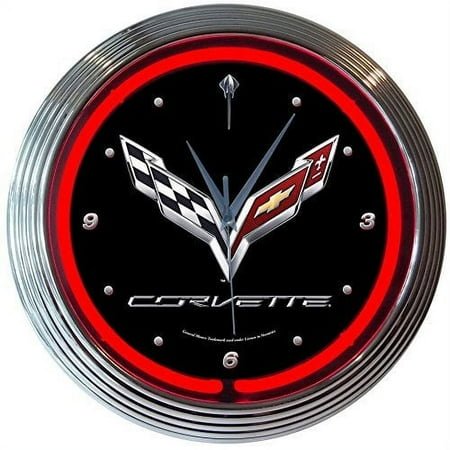 Corvette GM C7 Genuine Electric Neon 15 Inch Wall Clock Glass Face Chrome Finish USA Warranty