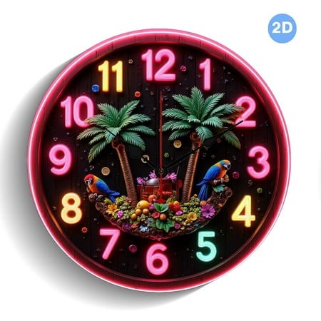Create a tropical neon atmosphere with palm trees and colorful birds in a glowing design. 10-inch, decorative wall clock, suitable for living room/bedroom