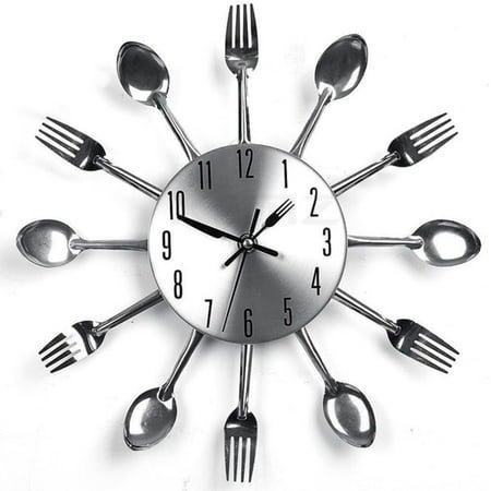 Creative Fork Knife Wall Clock, Cutlery Kitchen Novelty Hang Clock, Decorative Stainless Steel Spoon Utensil Analog Clock, Modern Decal Wall Sticker, Frameless DIY Mirror Effect Clock (Silver)