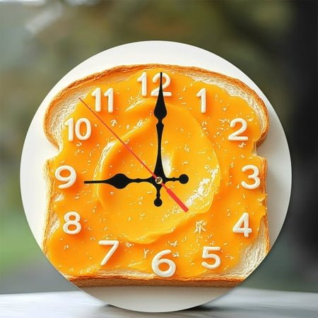 Creative Toast Clock Orange Jam Decor 10-Inch Silent Wooden Wall Clock, Battery Operated (AA Batteries Not Included), Artistic Home Decor