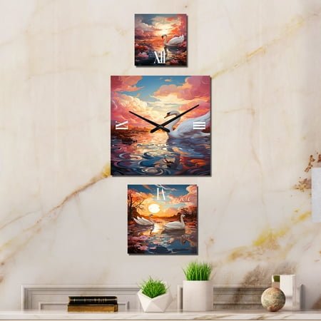 Designart Illusory Grace of Swans Swans Oversized Wall Clock - Set Of 3 - Extra large Modern Clock For Office Décor - Large Vertical Clock