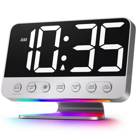 Digital Alarm Clock for Bedrooms Large Display with Bold Numbers, 5 Adjustable Brightness Levels, 8 Color Night Light, 5 Alarm Sounds, USB Charging Port, Battery Backup, Silver