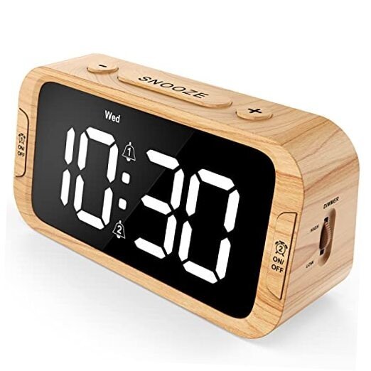 Digital Dual Alarm Clock for Bedroom, 0-100% Dimmer, Wood Grain - White Led