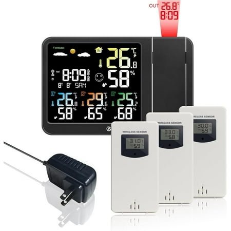 Digital Projection Alarm Clock for Bedroom Ceiling Wall VA LCD Display Radio Controlled Weather Station Indoor Outdoor Temperature Humidity Monitor with 3 Remote Sensors
