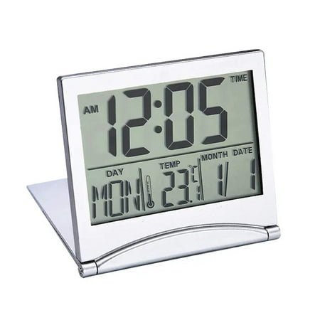 Digital Travel Alarm Clock Foldable LCD Snooze Large Number Display Battery Operated Silver (NO Light)