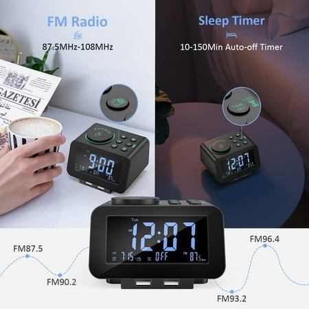 Dual Alarm Clock Radio with Adjustable Volume, 6 Wake-Up Sounds, FM Radio with Sleep Timer, USB Chargers, LCD Dimmer, Thermometer, Battery Backup, Black