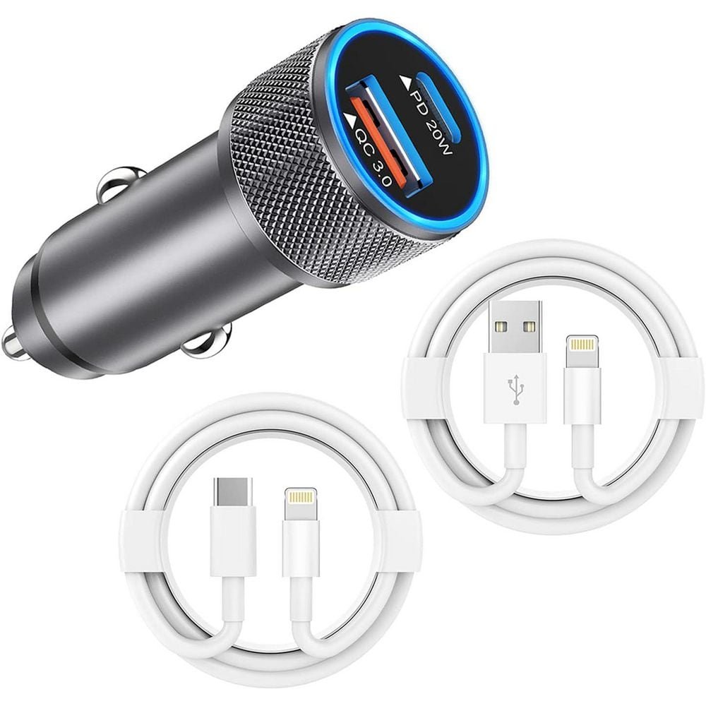 Dual Port Fast Car Charger with 2 Lightning Cables 38W PD&QC 3.0...