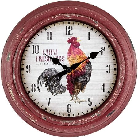 EIKODO-12 Inch Distressed Red Rooster Quartz Wall Clock - 404-3630