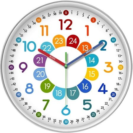 EIKODO-Analog Clock Kids Learning Colorful Small Wall Clocks Battery Operated 12 Inch Silent Wall Clock Nursery Learn Tell Time
