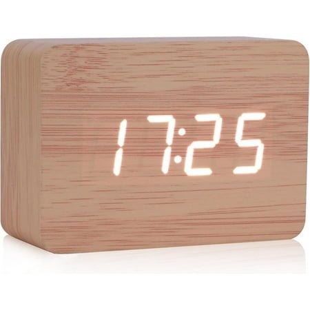 EIKODO-Wooden Digital Alarm Clock, Bedroom Alarm ClockSmart Led Digital Clock with Humidity and Temperature Detection, Adjustable Brightness and Voice Control, Rectangular Digital Alarm Clock for Bed