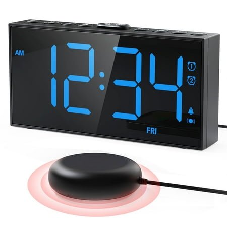 Extra Loud Vibrating Alarm Clock with Bed Shaker, Heavy Sleepers Deaf Hearing Impaired Seniors, Dual Alarm Weekday Weekend Mode, 5 Dimmer 5 Volume, Big Display, Power Backup, USB Charger