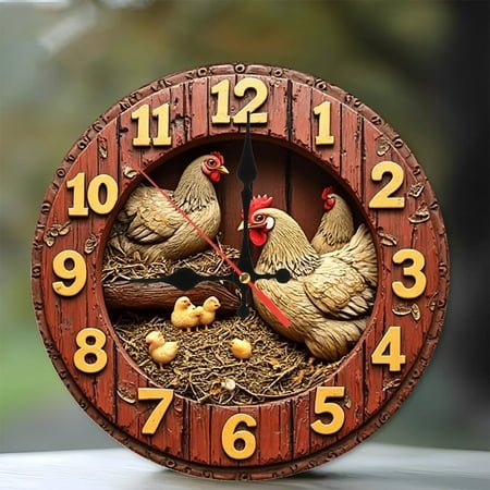 Farmhouse Hen Clock Wall Decor Rustic Chic 10-Inch Silent Wooden Wall Clock, Battery Operated (AA Batteries Not Included), Artistic Home Decor
