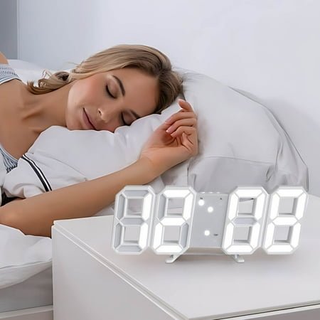 Fasiaou Led Digital Alarm, 3D Wall Clock Desk Auto Dimming 12/24 Hour Date Temperature Home Decor Remote Control Silent Snooze USB Nightlight Bedroom Living Room Kitchen Office 8.9inch Cool White