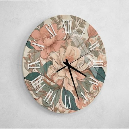 Floral Decorative Tempered Glass Wall Clock, Stylish Home Decor Gift For Couples (Style:BW Style-Roman Nr.; Size:14;)