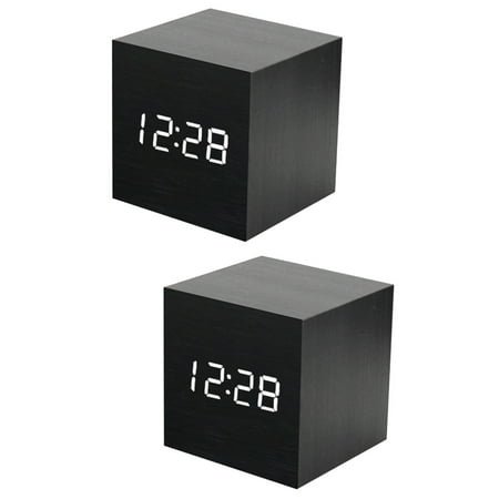 FRCOLOR 2pcs Creative USB Charging Square Multifunction LED Wood Clock Electronic Mini Alarm Clock without Battery (Black White Light)