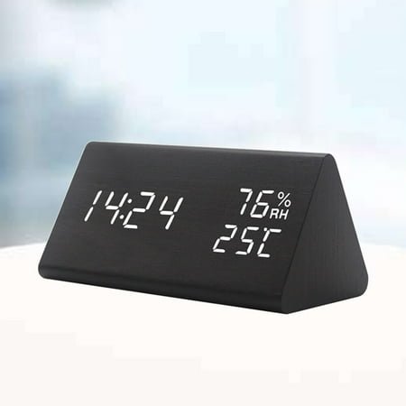 FRCOLOR Modern Triangle LED Wooden Alarm Clock Classical Digital Sound Control Desk Clock Thermometer (Black Wood and White Character)
