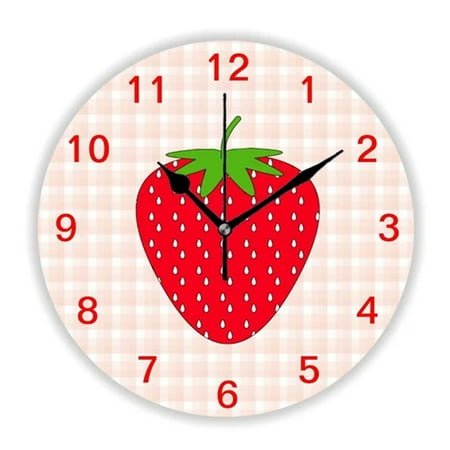 Girly Red Strawberry and Polka Dots Pattern Kitchen Wall Clock Living Room Strawberries Fruit Wall Watch Accessories Home Decor