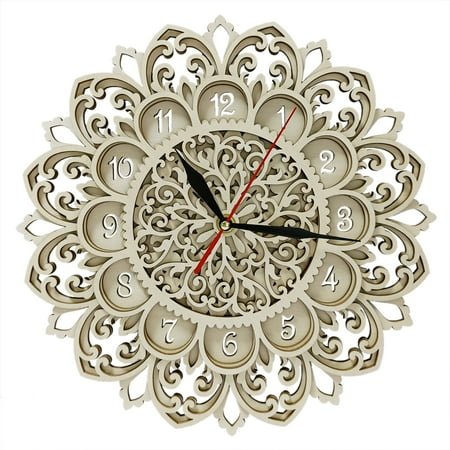 Glowforge Multilayer Mandala Wall Clock Rustic Home Decor Wall Watch Laser Cut Layered Flowers Farmhouse Style Wooden Wall Clock (12 inch)