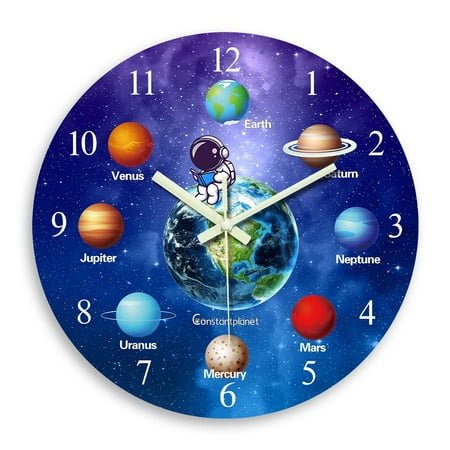 Glow in the Dark Wall Clock for Children Room - Slient Wall Clock Non Ticking - Blue Big Wall Clock Battery Operated 16 Inch