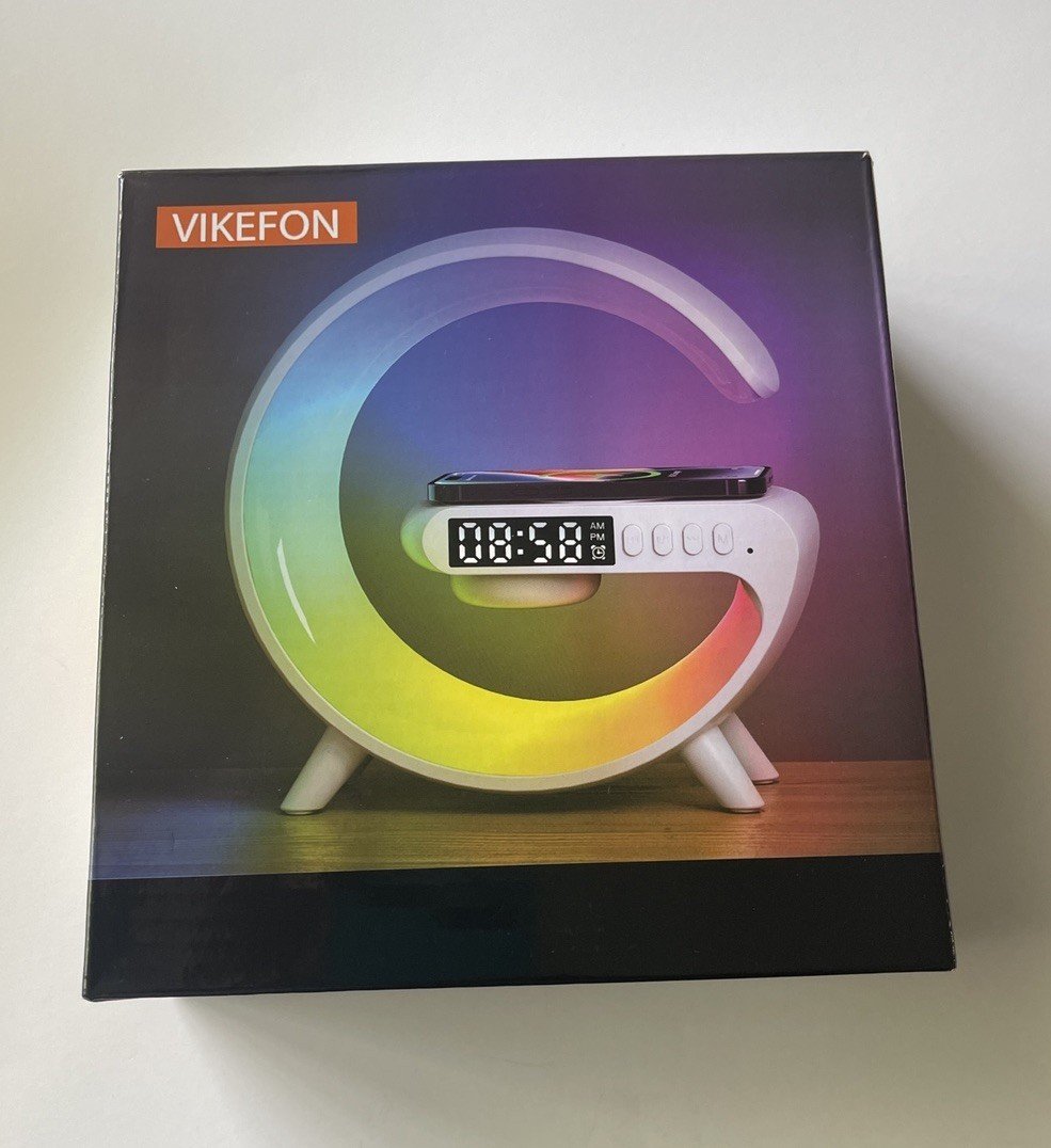 Google Alarm Clock Bluetooth Speaker Atmosphere Light Cordless Phone Charger WHT