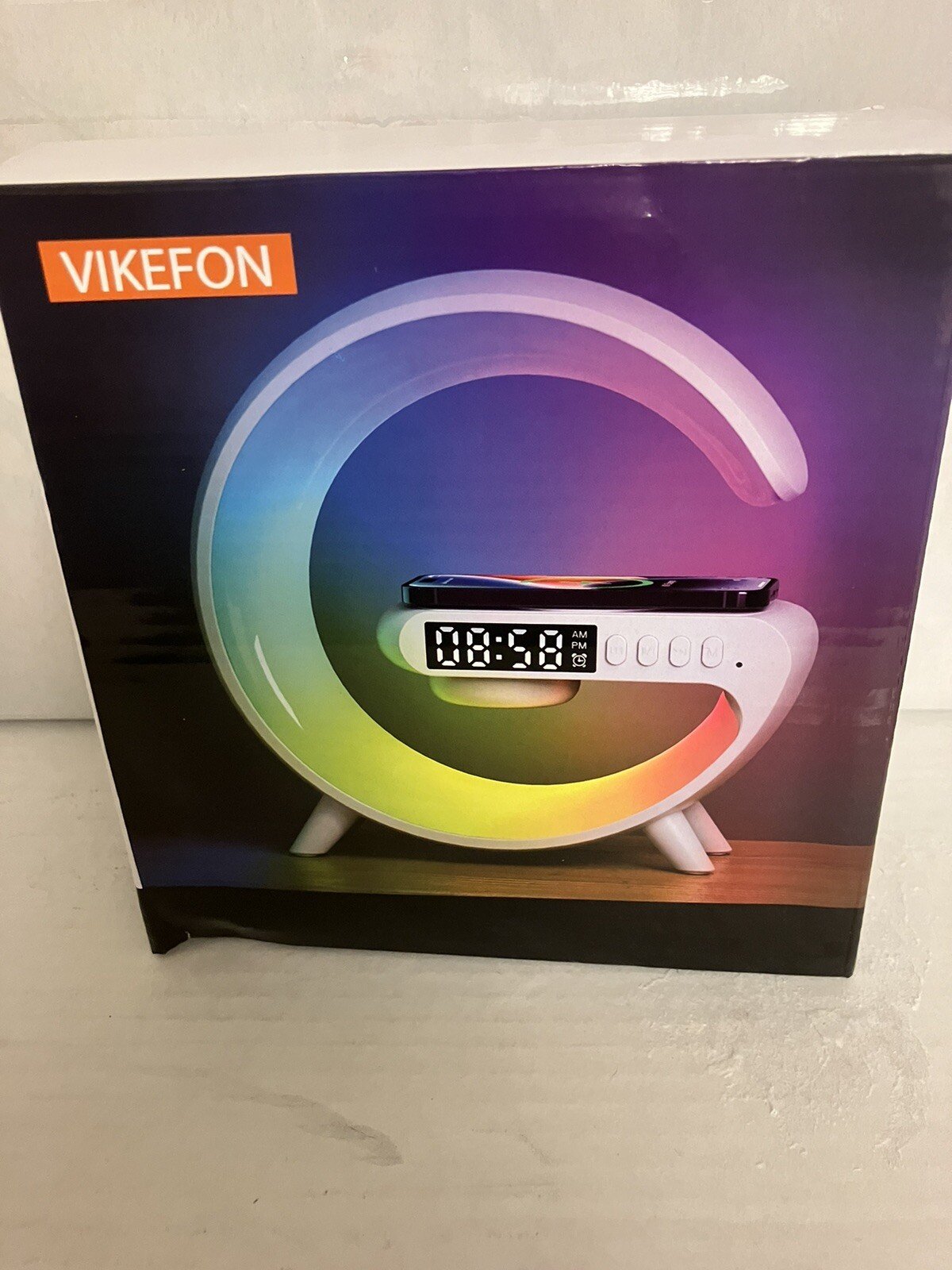 Google Alarm Clock Bluetooth Speaker Atmosphere Light Cordless Phone Charger WHT