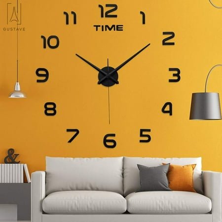 Gustave Frameless DIY Modern Large Wall Clock Sticker Mirror Surface Silent Home Decoration for Living Room Bedroom Office Black