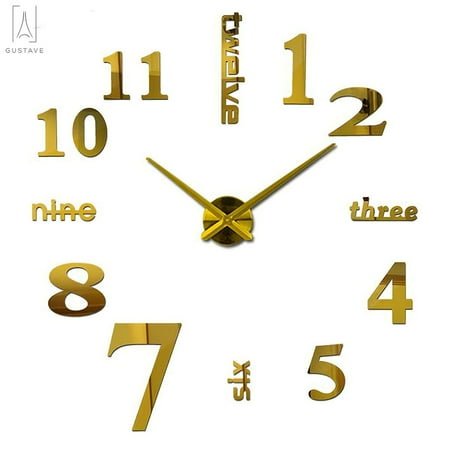 Gustave Large Frameless DIY Wall Clock Large Modern 3D Mirror Wall Clock Decor Sticker DIY Clock kit for Home Living Room Bedroom Office Decoration (Gold)