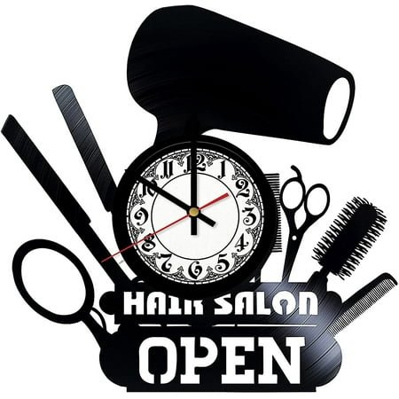 Hair Salon Hairdresser Style Vintage Black Vinyl Record Wall Clock Wall Art 3D Modern Design Office Bar Room Home Decor Gift