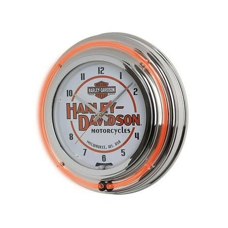 Harley-Davidson Motorcycle Double Neon Bar & Shield Clock, Orange Neon HDL-16623, Harley Davidson