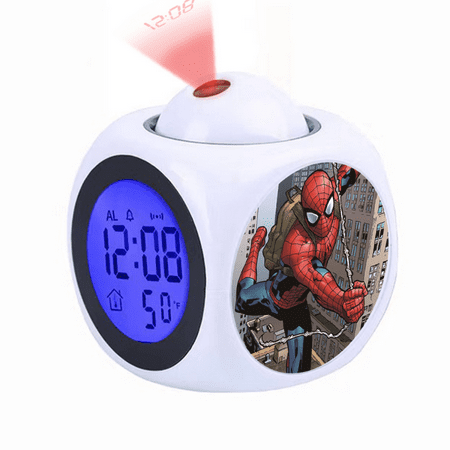 HEXNNHA Digital Alarm Clock, Cartoon Spiderman Academia Pattern Rotatable Projection Clock With Voice Talking LED 12/24 HDigital Time Temperature, Small Desk Clock for Office Bedside, Creativity Gift