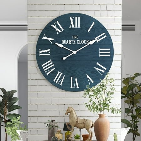 HLR 35.5” Farmhouse Large Shiplap Round Wall Clock with Roman Numeral for Living Room Decor, Navy Blue