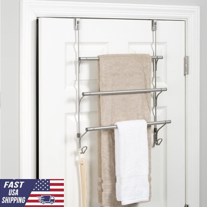 Hoem Over-the-Door 3-Tier Towel Bar W/ 2 Hooks Racks Shelf Bathroom Satin Nickel