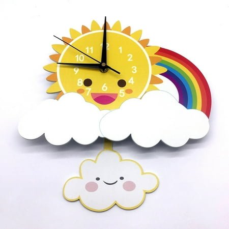 HOOWIFFY 1Pcs Decorative Wall Clock with Pendulum Sun and Rainbow Shape DIY Design for Children's Room