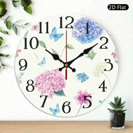 Hydrangea Butterflies Summer Flower Wall Clock Silent Non Ticking Wall Clocks Battery Operated Round Wall Decor for Bathroom Kitchen Bedroom 10 in