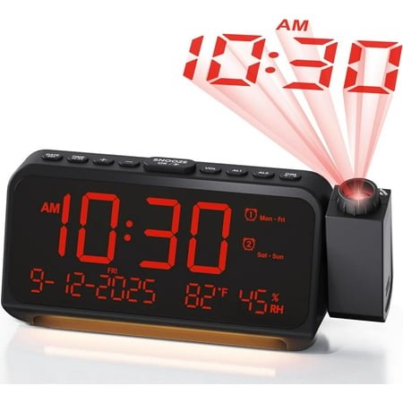 HYKE jection Alarm Clock for Bedroom Ceiling, 118 dB Loud for Heavy Spers, 6.7 Large Digital Dimmable Display with Day Date Indoor Temp Humidity, Dual Ala Adjustable Volume